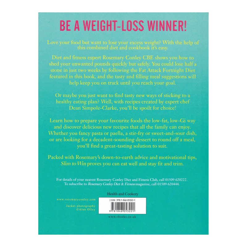 Slim to Win Diet & Cookbook back cover. This is the softback book produced to accompany the ITV series "Slim to Win with Rosemary Conley"