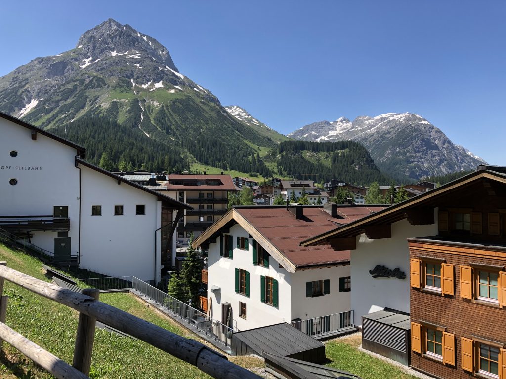 View over Lech in Austria with mountains behind and alpine houses in foreground