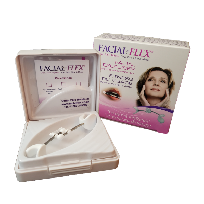Close up of the Facial Flex outer carton and inner carry case box including the Facial Flex device and packet of resistance bands in situ.