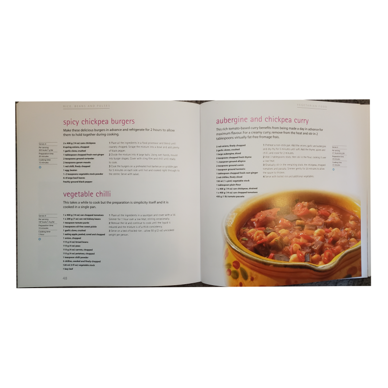 Inside pages showing the layout of the soft-back book Low Fat Vegetarian Recipes by Rosemary Conley
