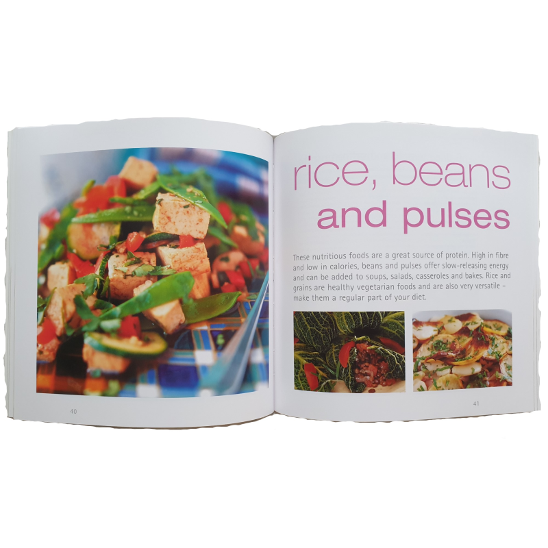 Inside pages showing the layout of the soft-back book Low Fat Vegetarian Recipes by Rosemary Conley