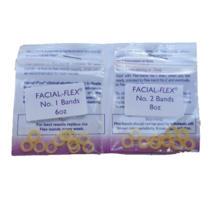 Image shows a card with two packets of latex Facial Flex Bands tapled to it