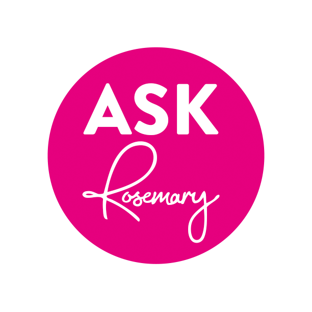 Logo: Pink roundel with white text "Ask Rosemary"