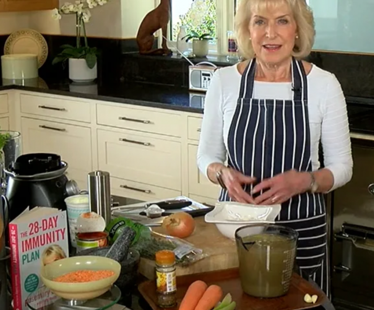 Rosemary Conley with the ingredients for red lentil soup in her kitchen