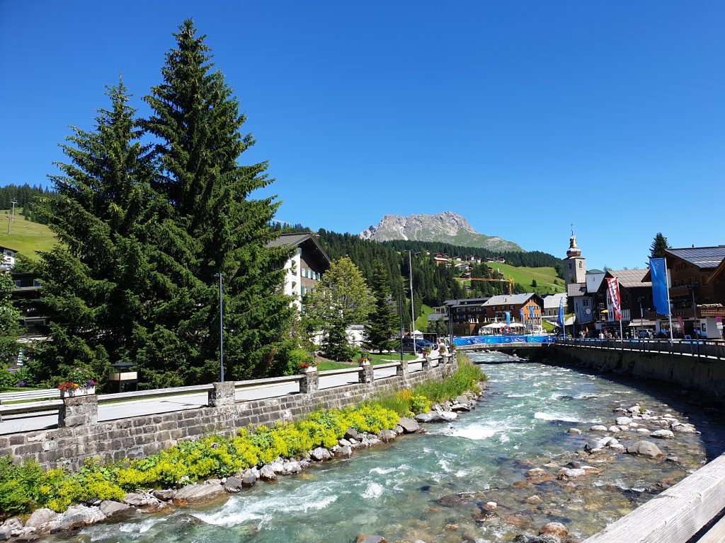 Austrian Actvity Holiday view along the river in the centre of the town of Lech
