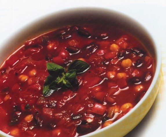 Chilli Bean Soup, a hearty thick soup made with chickpeas, kidney beans and tomatoes.