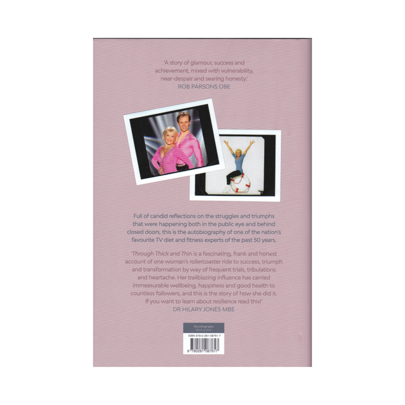 Rear cover of Through Thick and Thin hardback book autobiography by Rosemary Conley