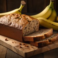 Banana and Sultana loaf cake on a cutting board with a couple of pieces sliced revealing the moist banana sponge and juicy sultanas with bananas in the background.