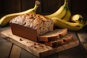 Banana and Sultana loaf cake on a cutting board with a couple of pieces sliced revealing the moist banana sponge and juicy sultanas with bananas in the background.
