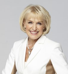 Rosemry Conley CBE head and shoulders, wearing a white and tan jacket