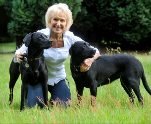 Rosemary Conley's Dogs, her two labradors in her garden