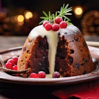 Low-fat Brandy Sauce drizzles down a small Christmas Pudding decorated with redcurrants