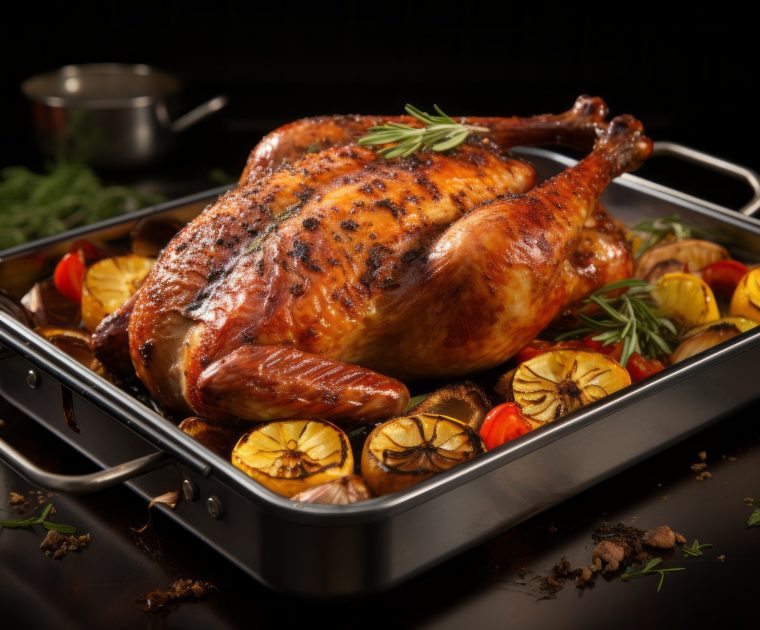 A tradional golden Roast Turkey in an oven-tray sat on a bed of fruits and herbs.