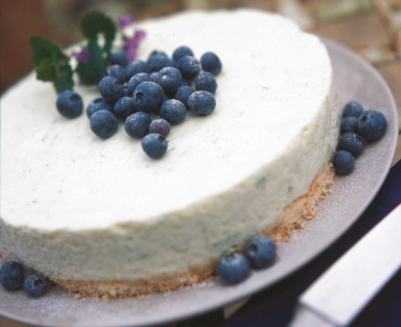 Lime cheesecake is a beautiful round dessert with a creamy looking cheesecake topping on a thin sponge base, garnished with fresh blueberries