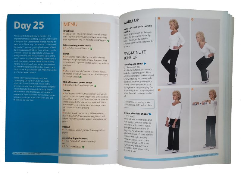 Double page spread of the inside of Rosemary Conley's Amazing Inch Loss Plan diet and fitness book in a large, soft cover, full colour format.