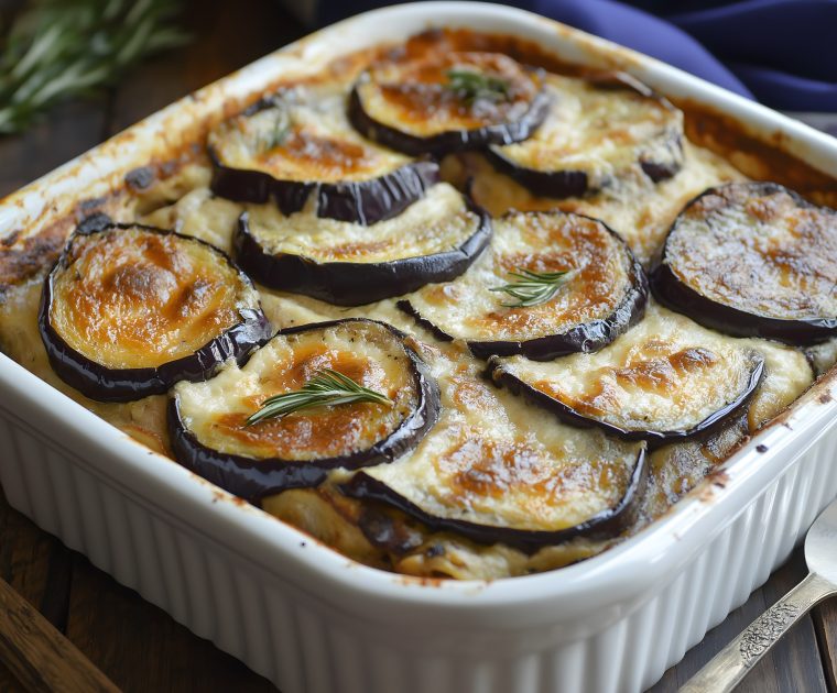 A white oven-proof dish of Moussaka with slices of aubergine visible smothered in a creamy looking topping