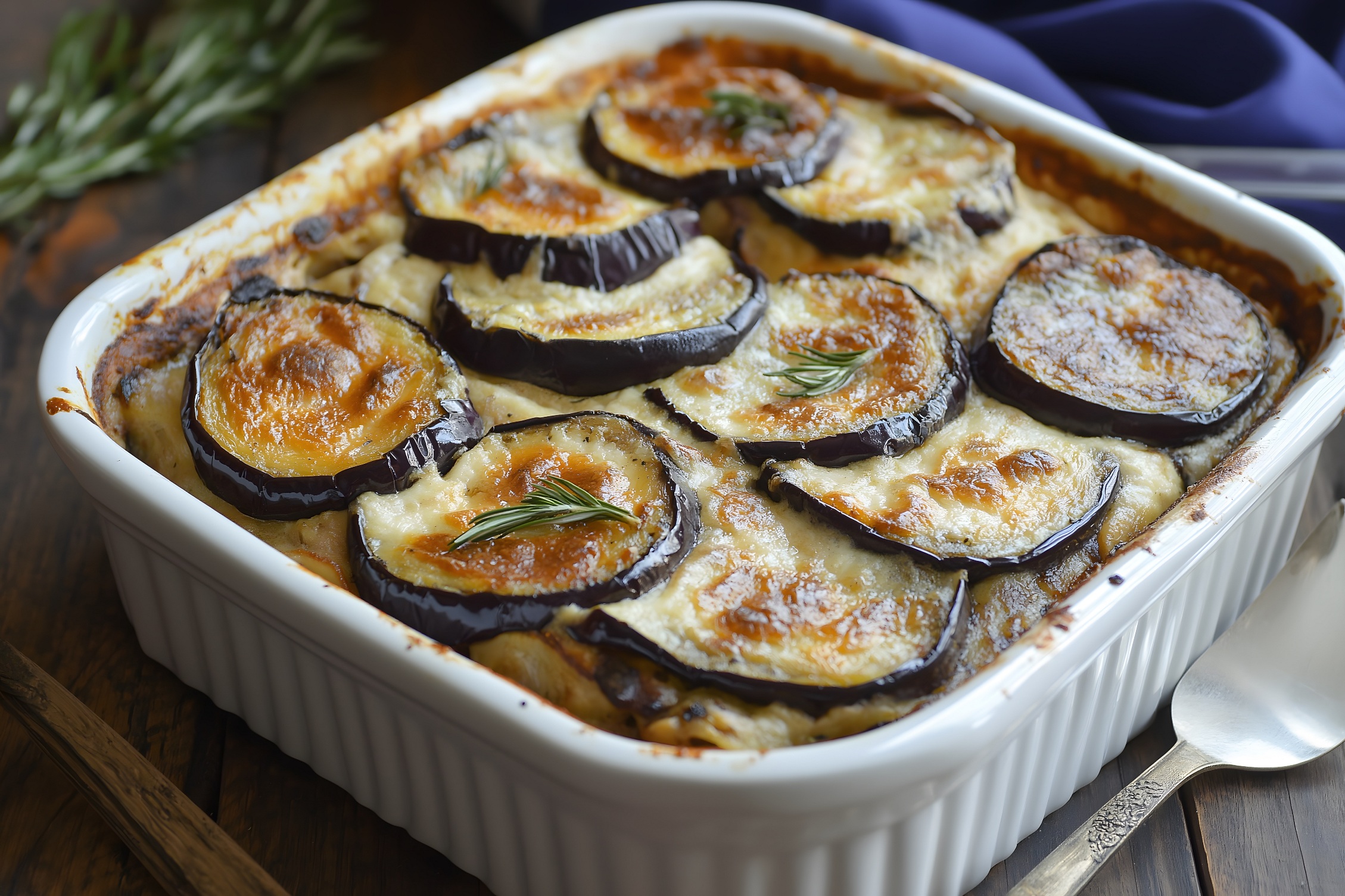 A white oven-proof dish of Moussaka with slices of aubergine visible smothered in a creamy looking topping