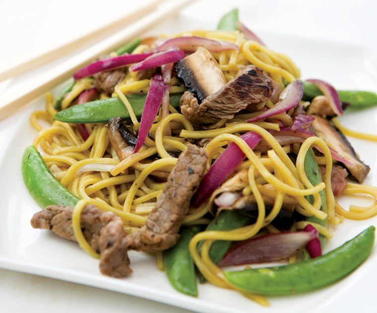 Sticky Beef and Mushroom Noodles is a stir-fry recipe with strips of rump steak, red onion, garlic, mushrooms and mangetout in a sticky plum sauce on a bed of noodles