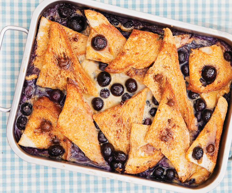 Blueberry Bread Pudding is a healthier version of the traditional pudding made using un-buttered triangles of bread smothered in a custard and blueberries