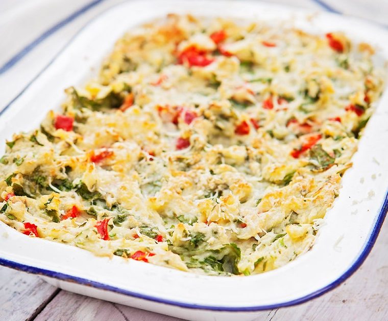 Cheese, Potato and Spinach Pie is baked in the oven giving a crispy golden top to the mix of cheese, mash and vegetables