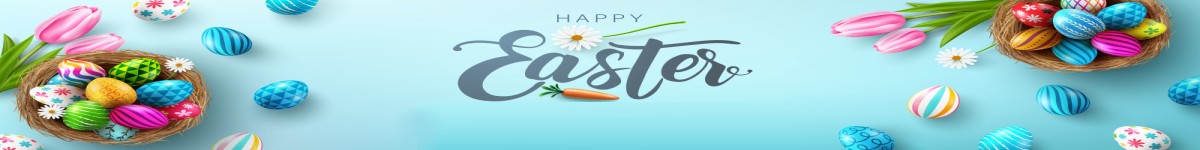 Happy Easter banner with the wording on a light blue background surrounded by baskets of brightly coloured Easter eggs and flowers