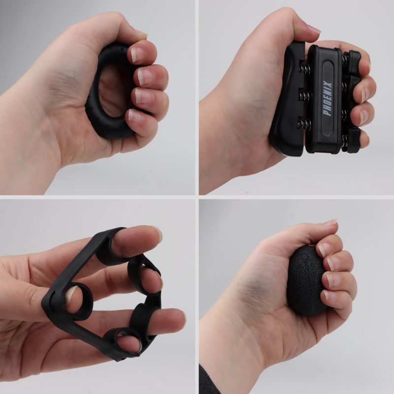 Parts of the Hand Grip Strengthener 5 Piece Set this picture shows the Silicone Donut, the Finger Reflex Trainer, the Silicone Finger Stretch and the TPE Egg.