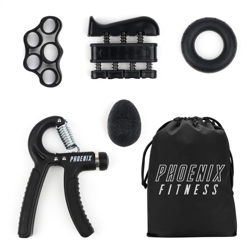 The Hand Grip Strengthener 5 Piece set includes a Hand Grip Strengthener, a Silicone Finger Stretch, a Finger Reflex Trainer, a Silicone Donut, a TPE squeezable egg and a handy carry bag to keep them all together