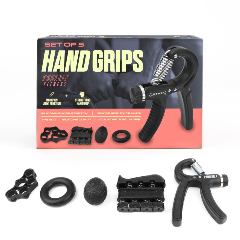 The Hand Grip Strengthener 5 Piece Set showing the five different hand exerciser tools and the box they are supplied in