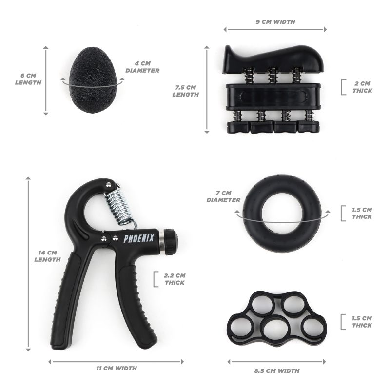 The Hand Grip Strengthener 5 Piece Set showing the five different hand exerciser tools and the size measurements for each piece.