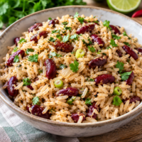 Caribbean Style Rice and Peas is a bowl of long-grain white rice with red kidney beans, chopped spring onion and other herbs and spices.
