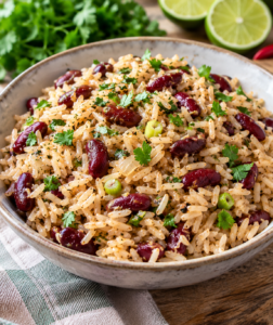 Caribbean Style Rice and Peas is a bowl of long-grain white rice with red kidney beans, chopped spring onion and other herbs and spices.