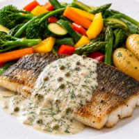 A fillet of Sea Bass, crispy skin side up, with Dill and Horserachish Sauce drizzled over it and a helping of potatoes and mixed vegetables.