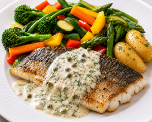A fillet of Sea Bass, crispy skin side up, with Dill and Horserachish Sauce drizzled over it and a helping of potatoes and mixed vegetables. 