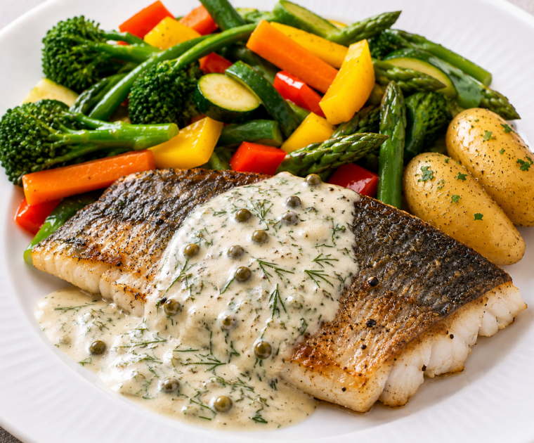A fillet of Sea Bass, crispy skin side up, with Dill and Horserachish Sauce drizzled over it and a helping of potatoes and mixed vegetables.