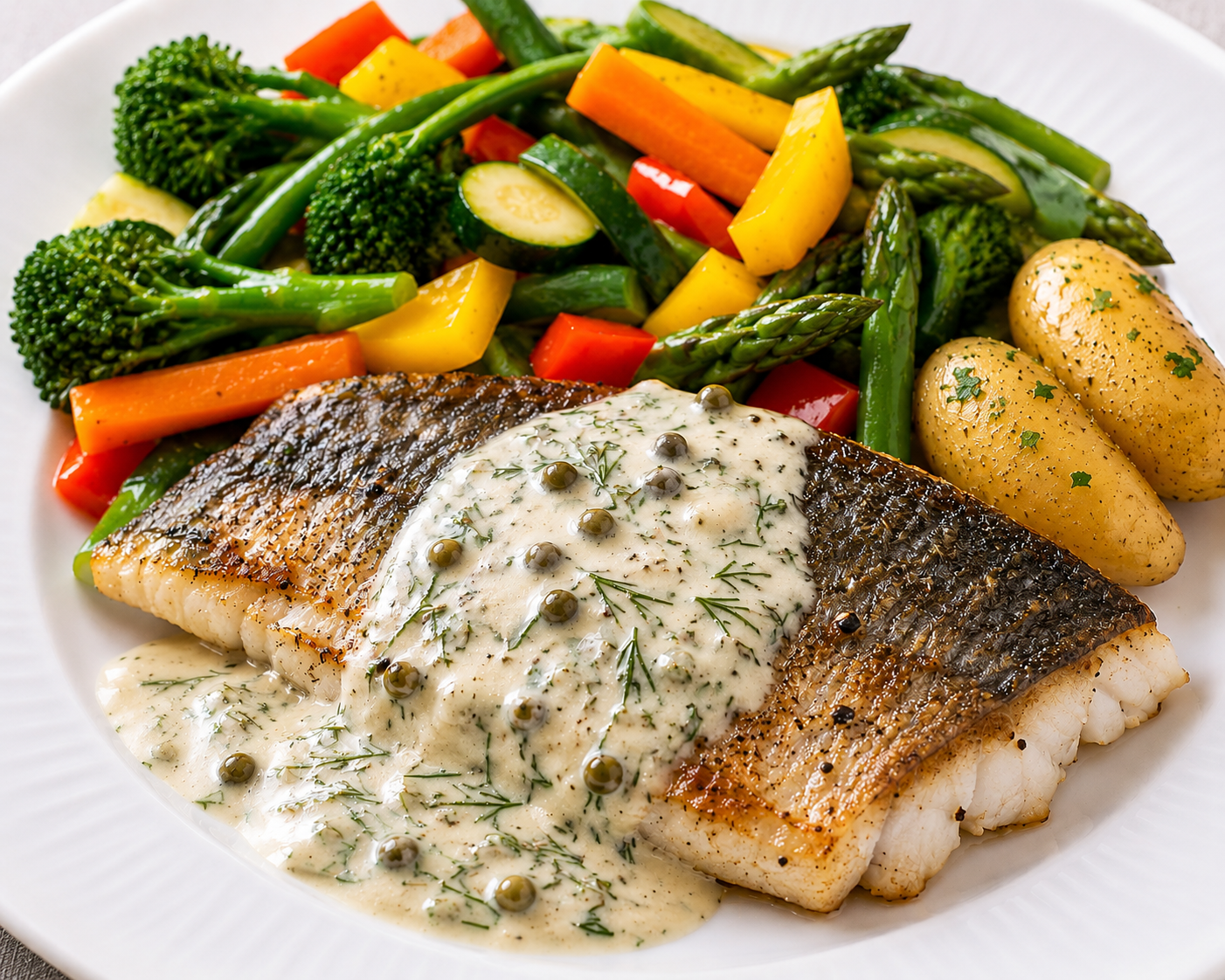 A fillet of Sea Bass, crispy skin side up, with Dill and Horserachish Sauce drizzled over it and a helping of potatoes and mixed vegetables.