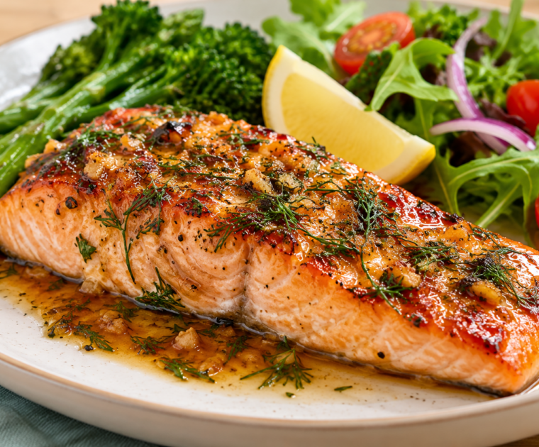 Baked salmon with ginger. A glazed baked salmon steak served with broccoli, salad leaves, tomatoes and slice of lemon.