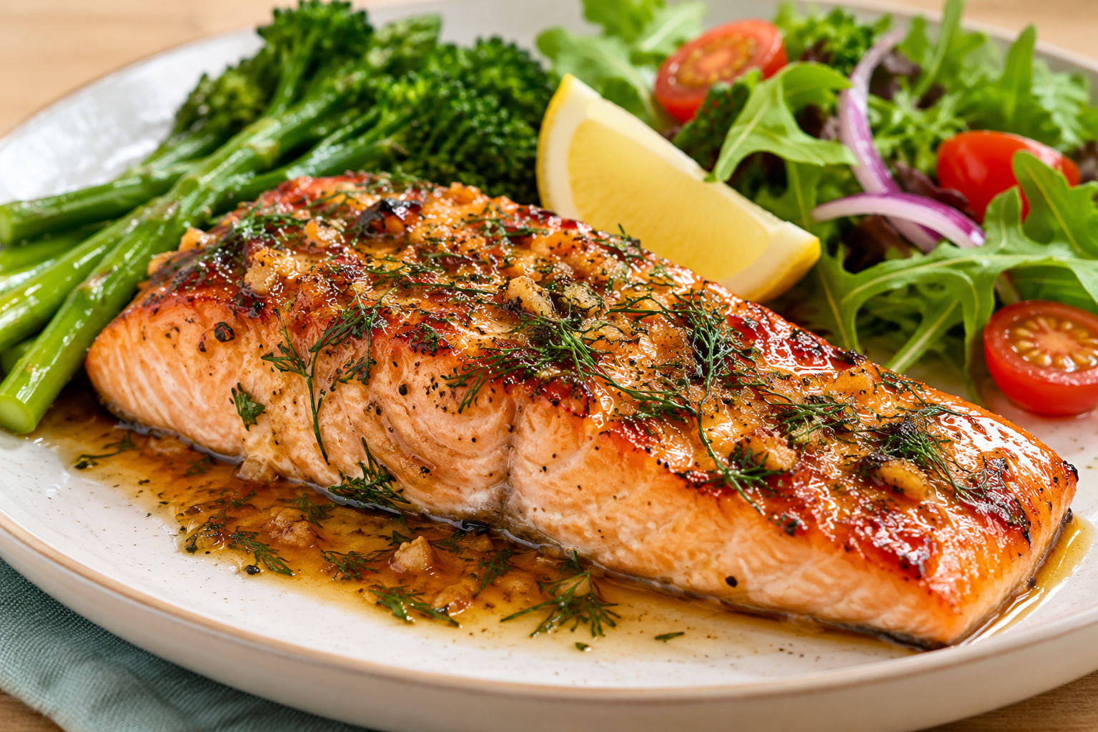 Baked salmon with ginger. A glazed baked salmon steak served with broccoli, salad leaves, tomatoes and slice of lemon.