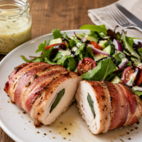 Herby Chicken with Bacon is a skinless chicken breast stuffed with sage and basil leaves, wrapped in bacon, and served with a side salad drizzled with a light dressing and some thick balsamic vinegar.