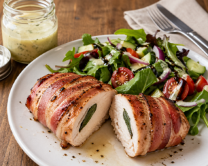 Herby Chicken with Bacon is a skinless chicken breast stuffed with sage and basil leaves, wrapped in bacon, and served with a side salad drizzled with a light dressing and some thick balsamic vinegar.
