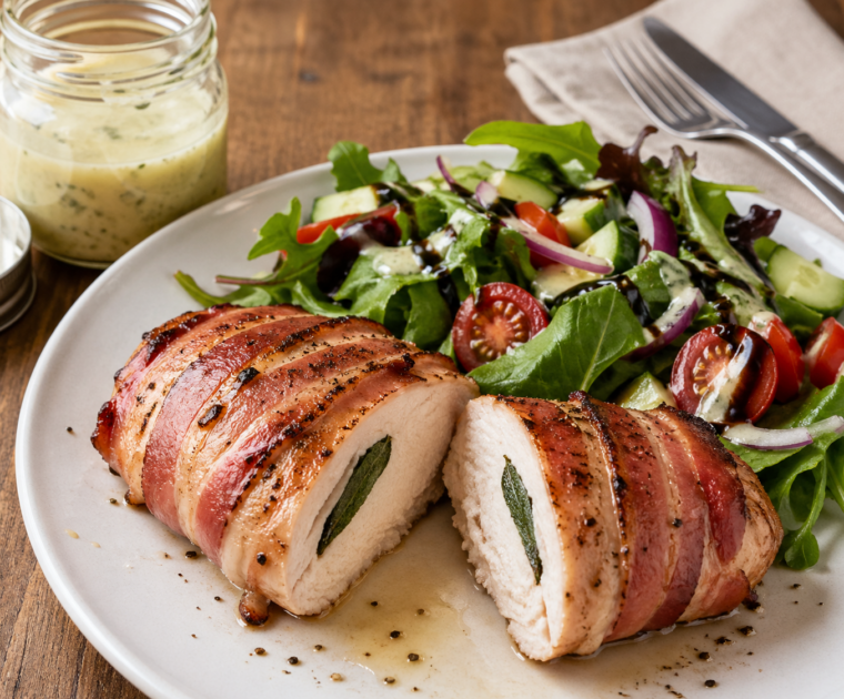 Herby Chicken with Bacon is a skinless chicken breast stuffed with sage and basil leaves, wrapped in bacon, and served with a side salad drizzled with a light dressing and some thick balsamic vinegar.
