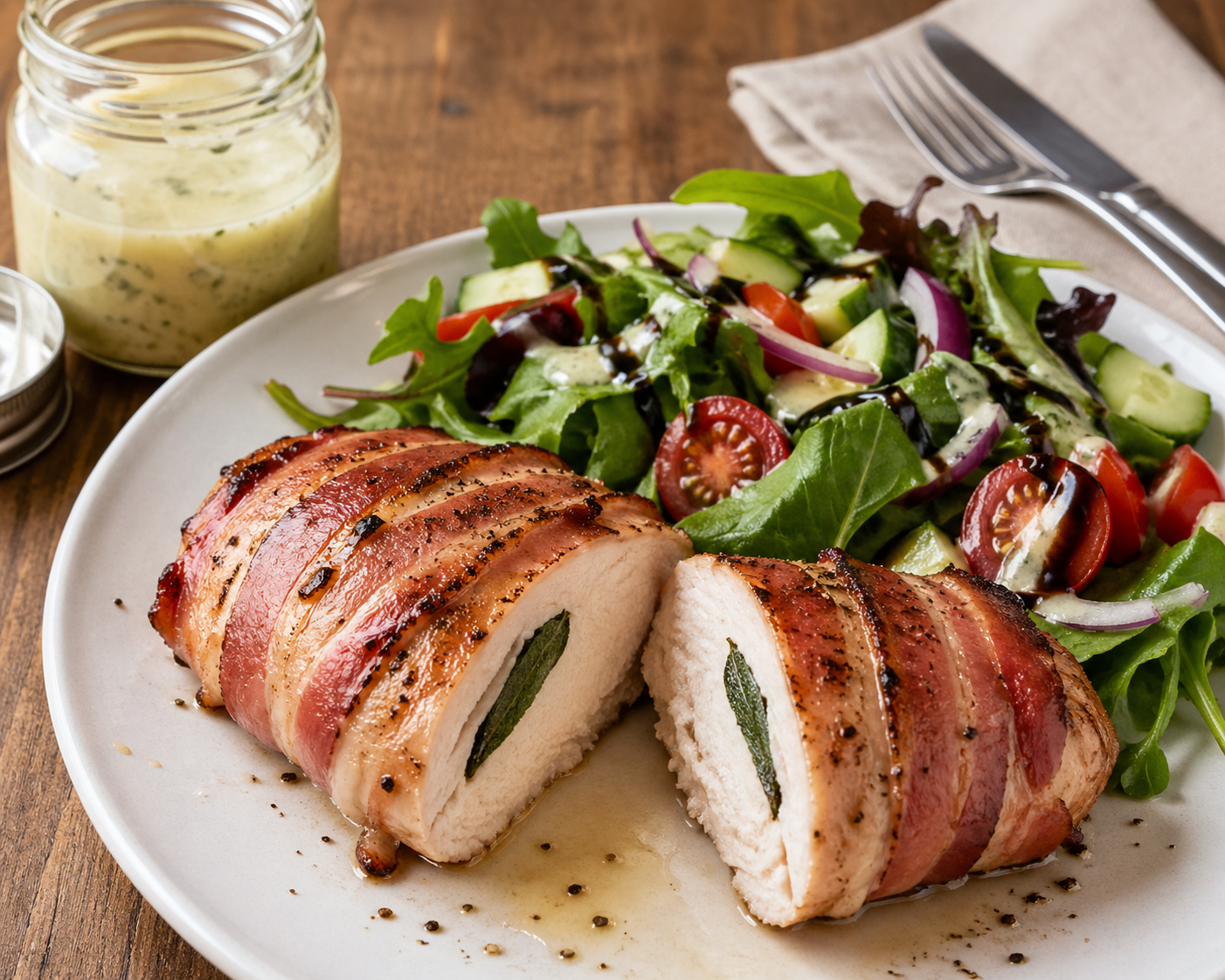 Herby Chicken with Bacon is a skinless chicken breast stuffed with sage and basil leaves, wrapped in bacon, and served with a side salad drizzled with a light dressing and some thick balsamic vinegar.