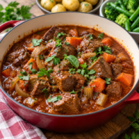 A casserole dish of Austrian-style Beed Goulash made with cubes of stewing steak with carrots, onions, celery and tomato puree flavoured with paprika and herbs.