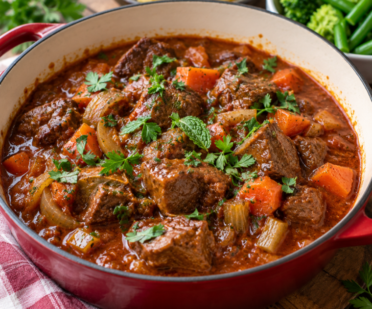 A casserole dish of Austrian-style Beed Goulash made with cubes of stewing steak with carrots, onions, celery and tomato puree flavoured with paprika and herbs.