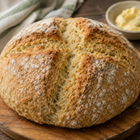 A round loaf of soda bread with a crusty top