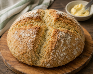 A round loaf of soda bread with a crusty top