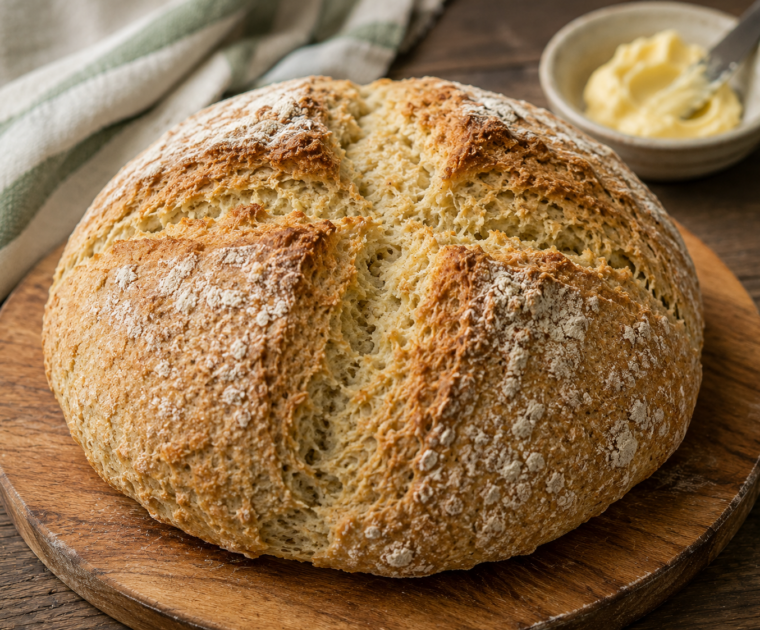 A round loaf of soda bread with a crusty top