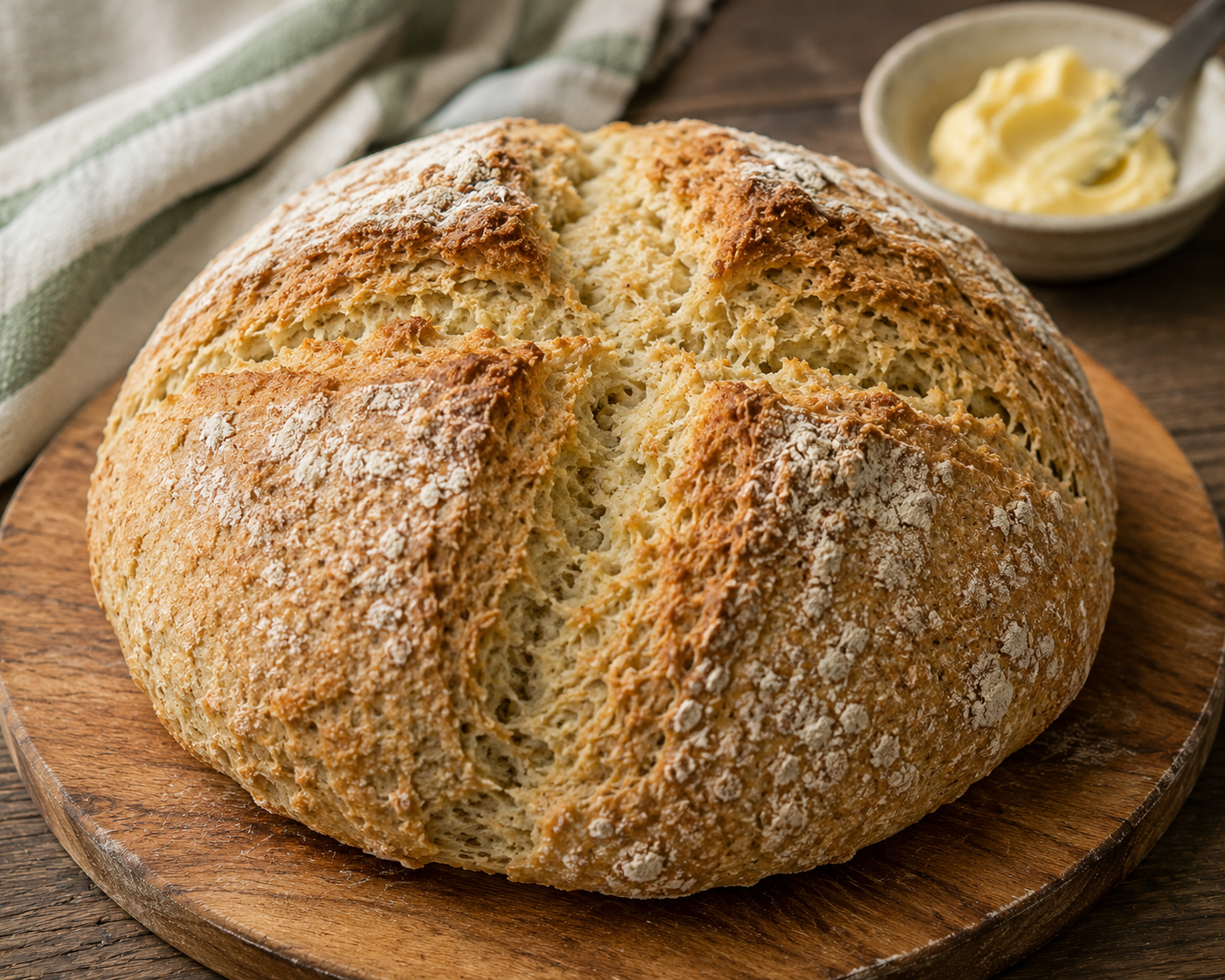 A round loaf of soda bread with a crusty top