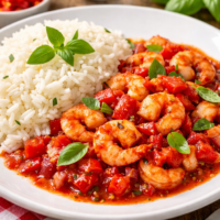 A plate of Arrabbiata Prawns with Rice. Fluffy white Basmati rice garnished with a sprig of basil next to some delicious loooking parawns in a tomato based spicy arrabbiata sauce.