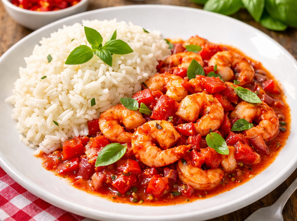 A plate of Arrabbiata Prawns with Rice. Fluffy white Basmati rice garnished with a sprig of basil next to some delicious loooking parawns in a tomato based spicy arrabbiata sauce.