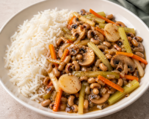 Blackeye Beans with Ginger and Soy is a vegan, plant based dish served with rice, made from blackeye beans, mushrooms, celery, carrots and water chestnuts all thinly sliced and cooked in a garlic, ginger and soy sauce.